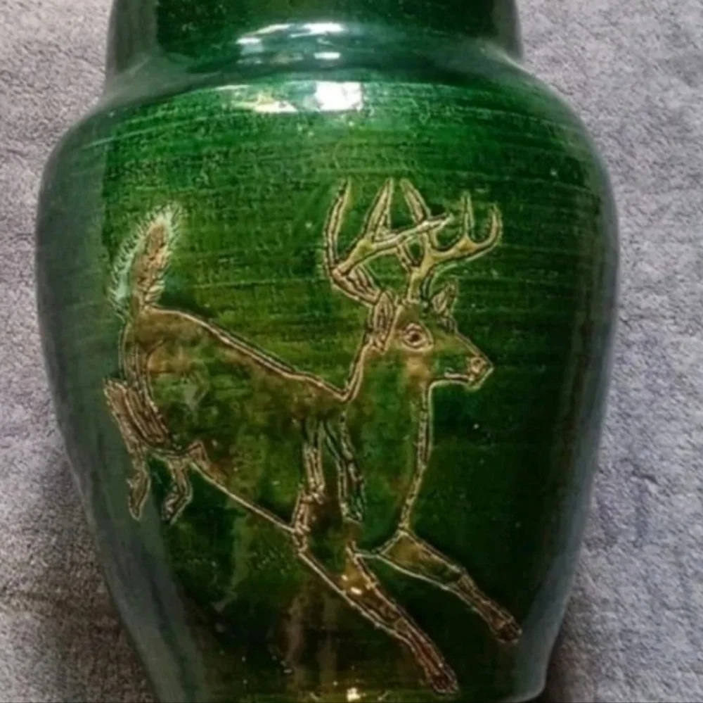 Handcrafted Green Stoneware Vase with Deer Design, Rustic Cottage Cabin Pottery